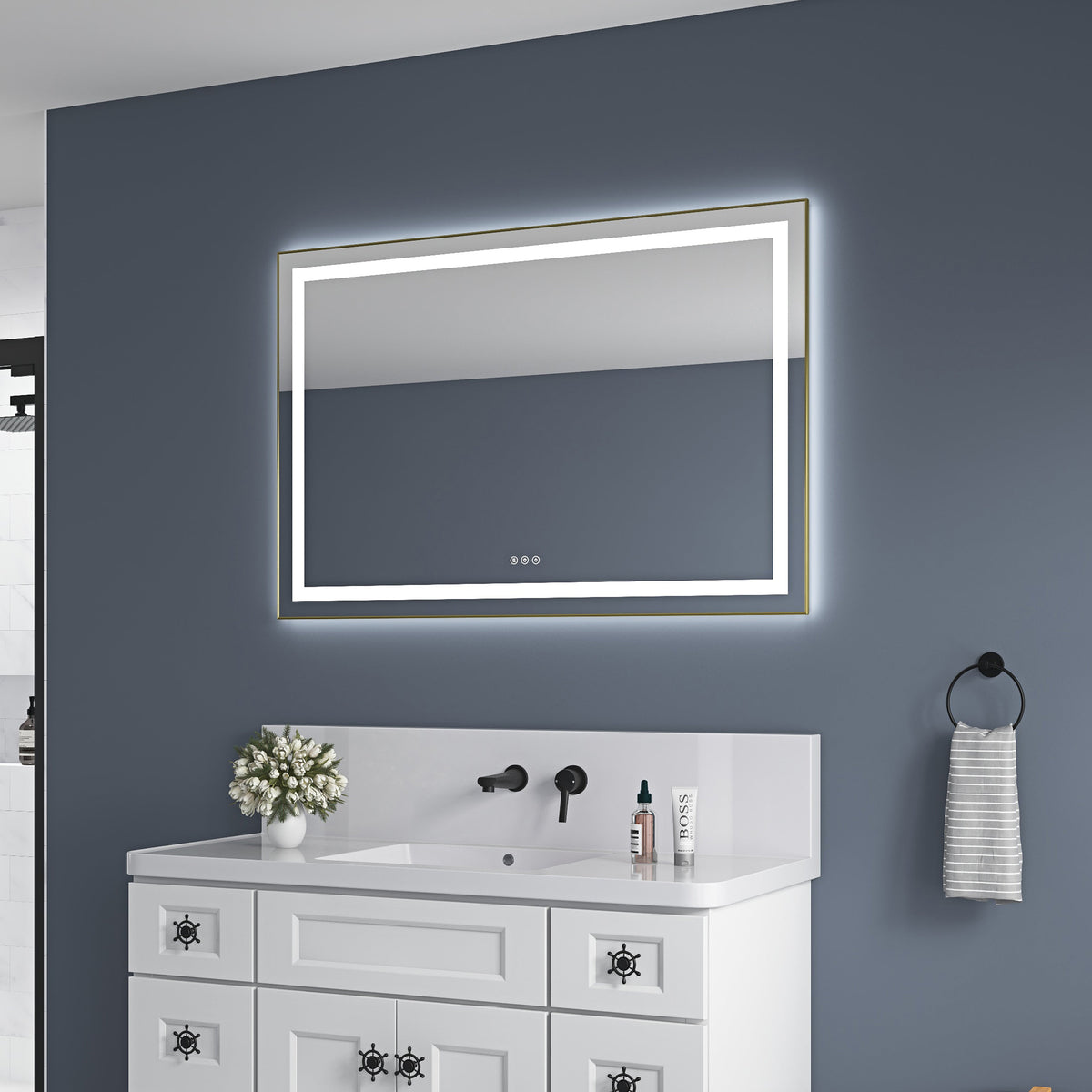 48" x 32" LED Bathroom Mirror with Front and Backlight - Brushed Gold or Gun Ash