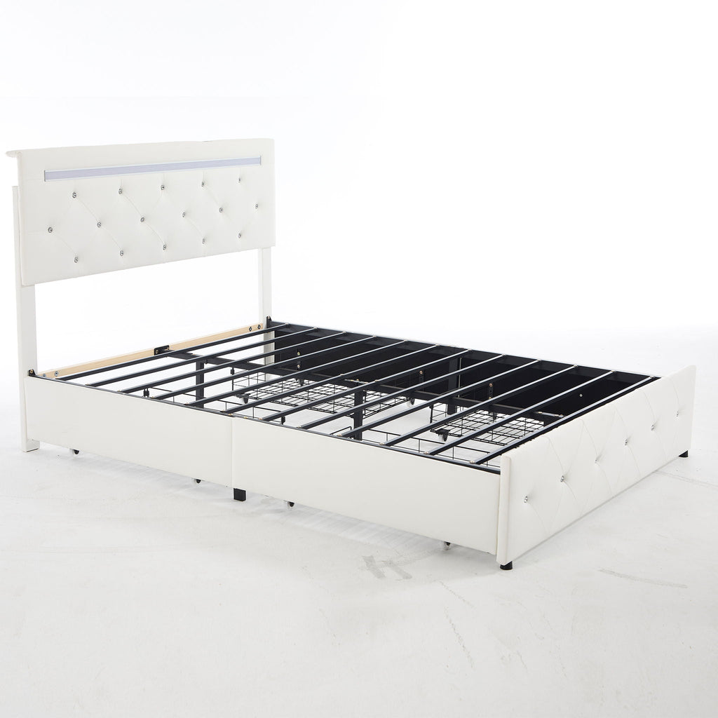 Upholstered Storage Bed Frame with LED Lights and Drawers – White or Black