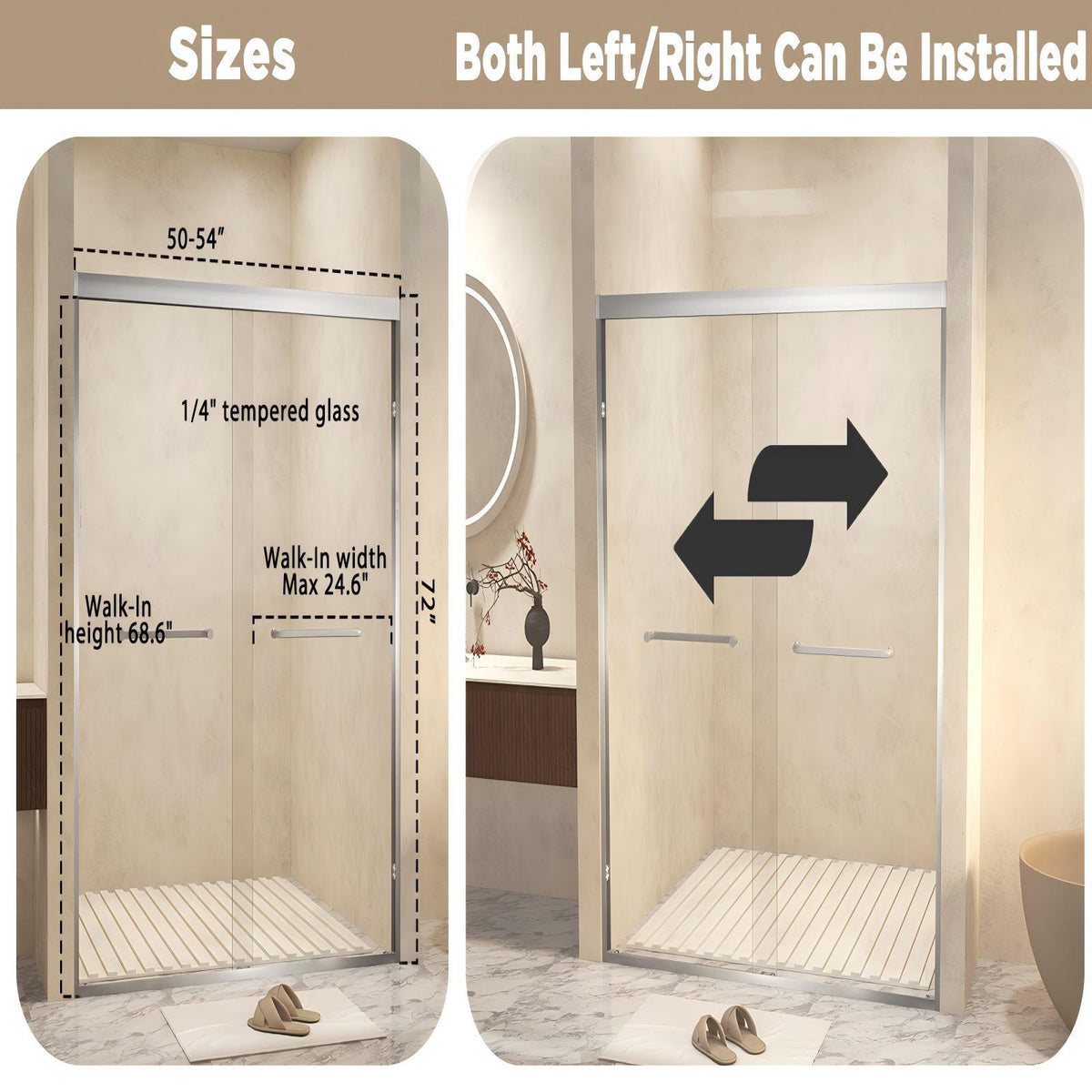 Double Sliding Shower Door with Explosion Proof Film - Black, Gray, or Dark Gray