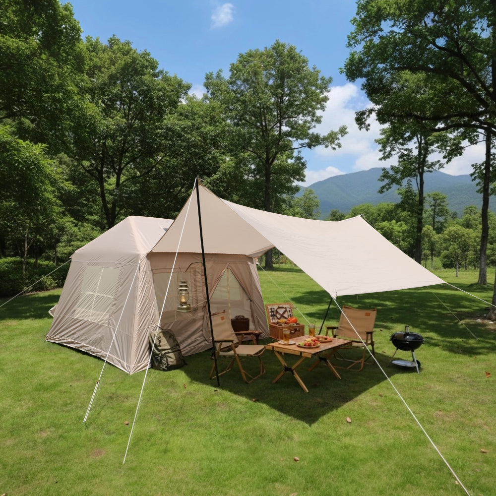 Inflatable Glamping Tent with Detachable Canopy & Skylight | 4-Season Waterproof Cotton Air Tent with Mesh Windows & Pump — 4 Person