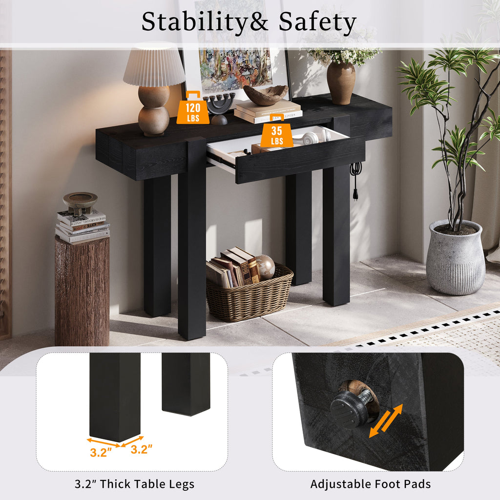 Rustic Minimalist Console Table with Hidden Drawer and Power Outlet - Brown