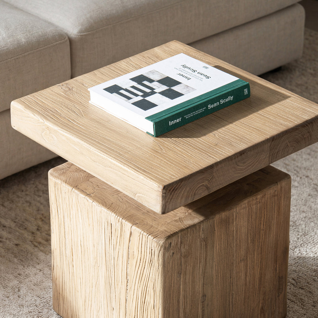 Solid Block Plinth End Table with Reclaimed Elm - Heritage Light Natural Brown