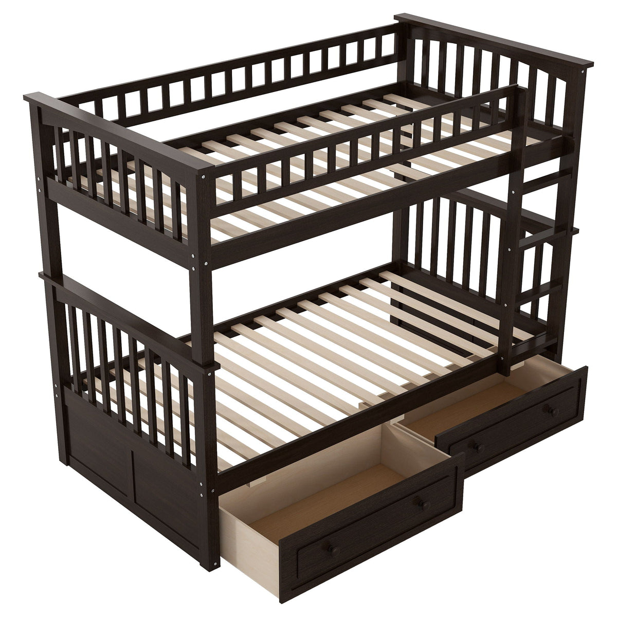 Convertible Bunk Bed With Drawers - Solid Wood with Storage - White, Dark Brown or Dark Gray