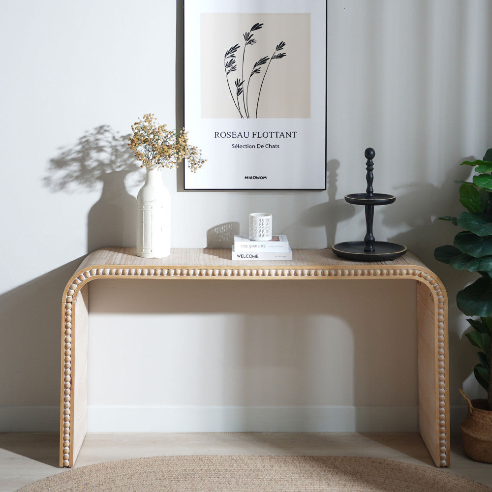 Waterfall Console Table with Wood Bead Trim 59" Curved Entryway Sofa Table Natural Wood Finish