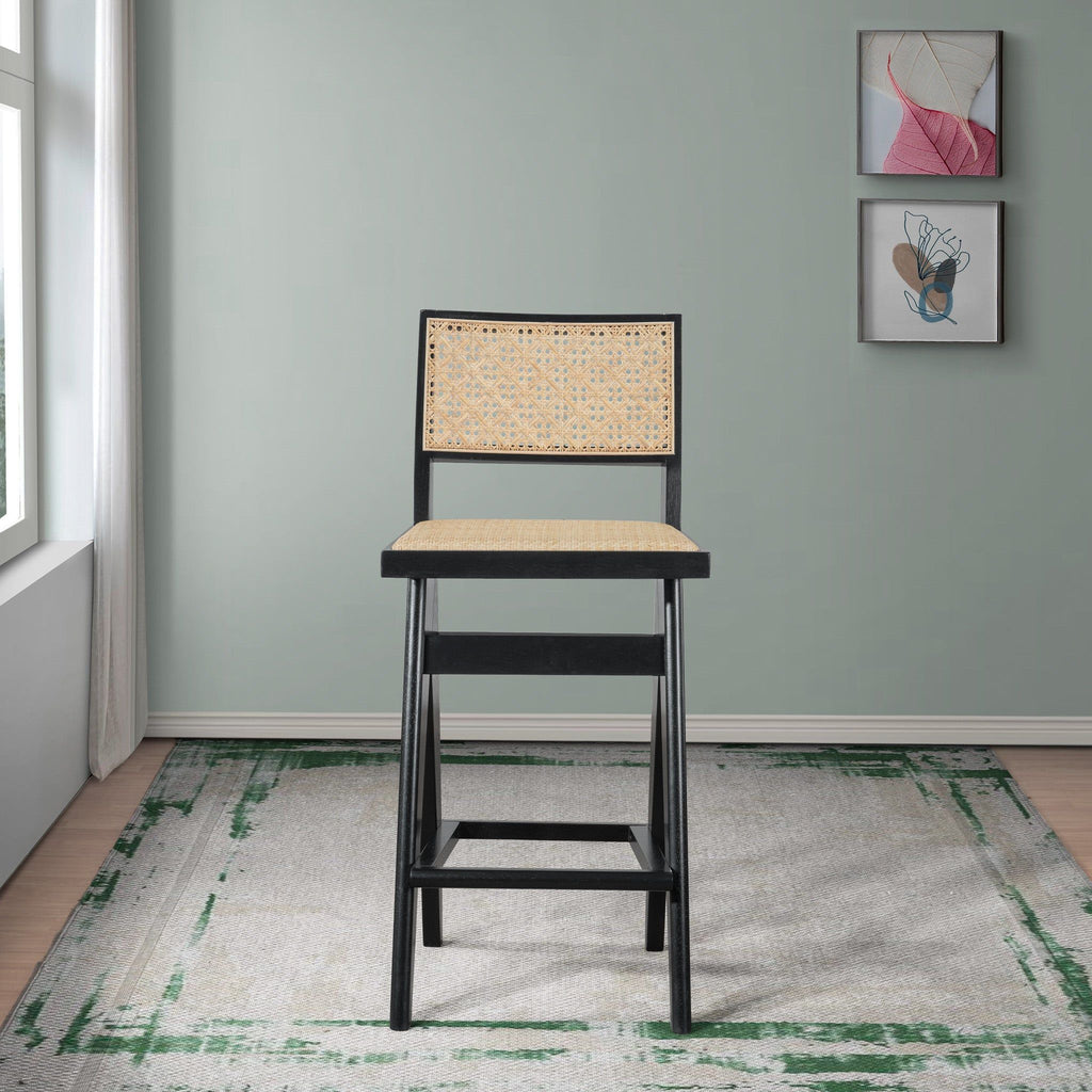Black & Rattan Bar Stool Set with Full Back Support - Set of 2