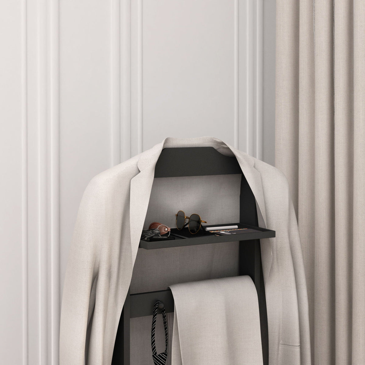 Black Garment Valet Stand with Storage Organizer - Portable Clothes Rack