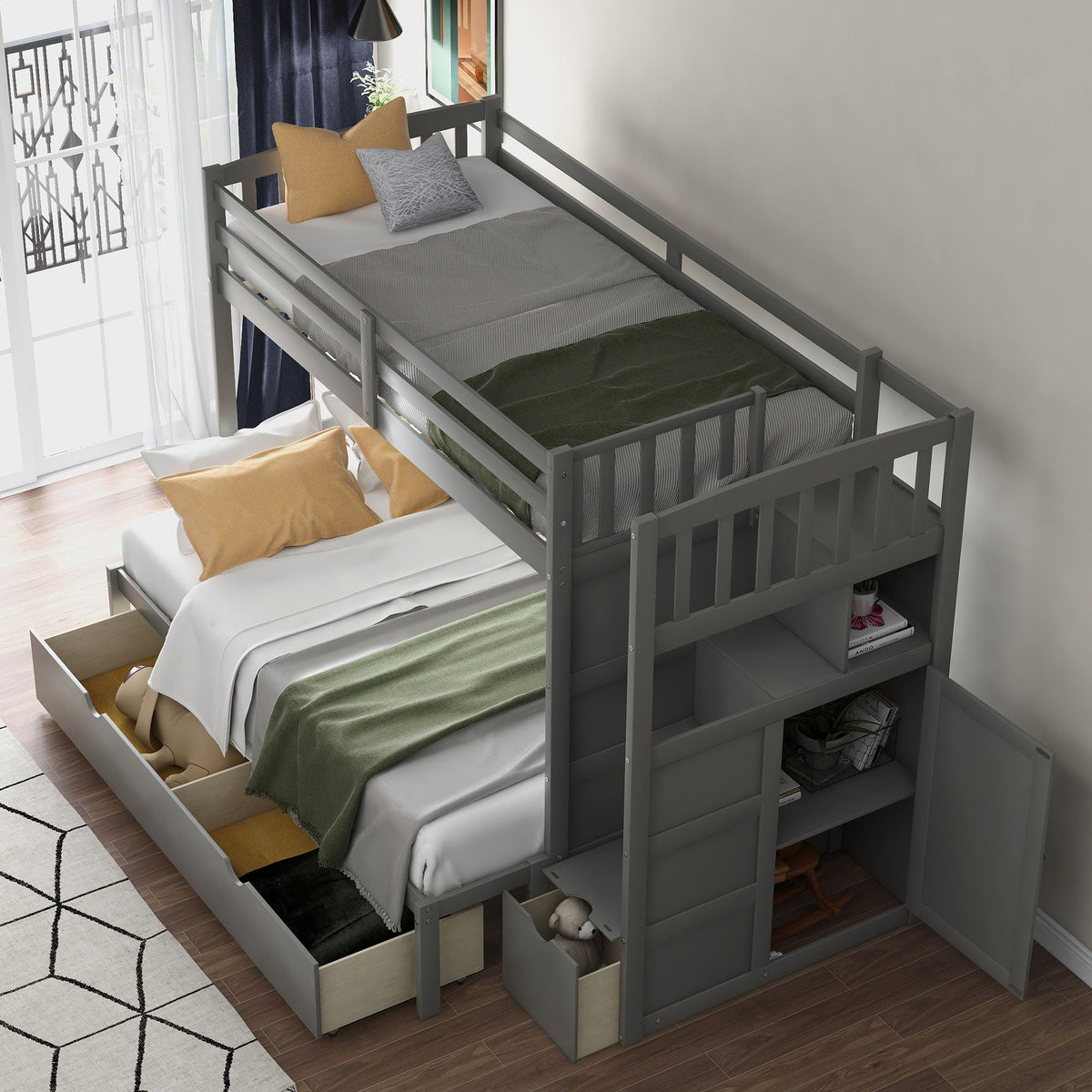 Convertible Twin Over Full Bunk Bed with Storage Shelves and Drawers - White or Dark Gray