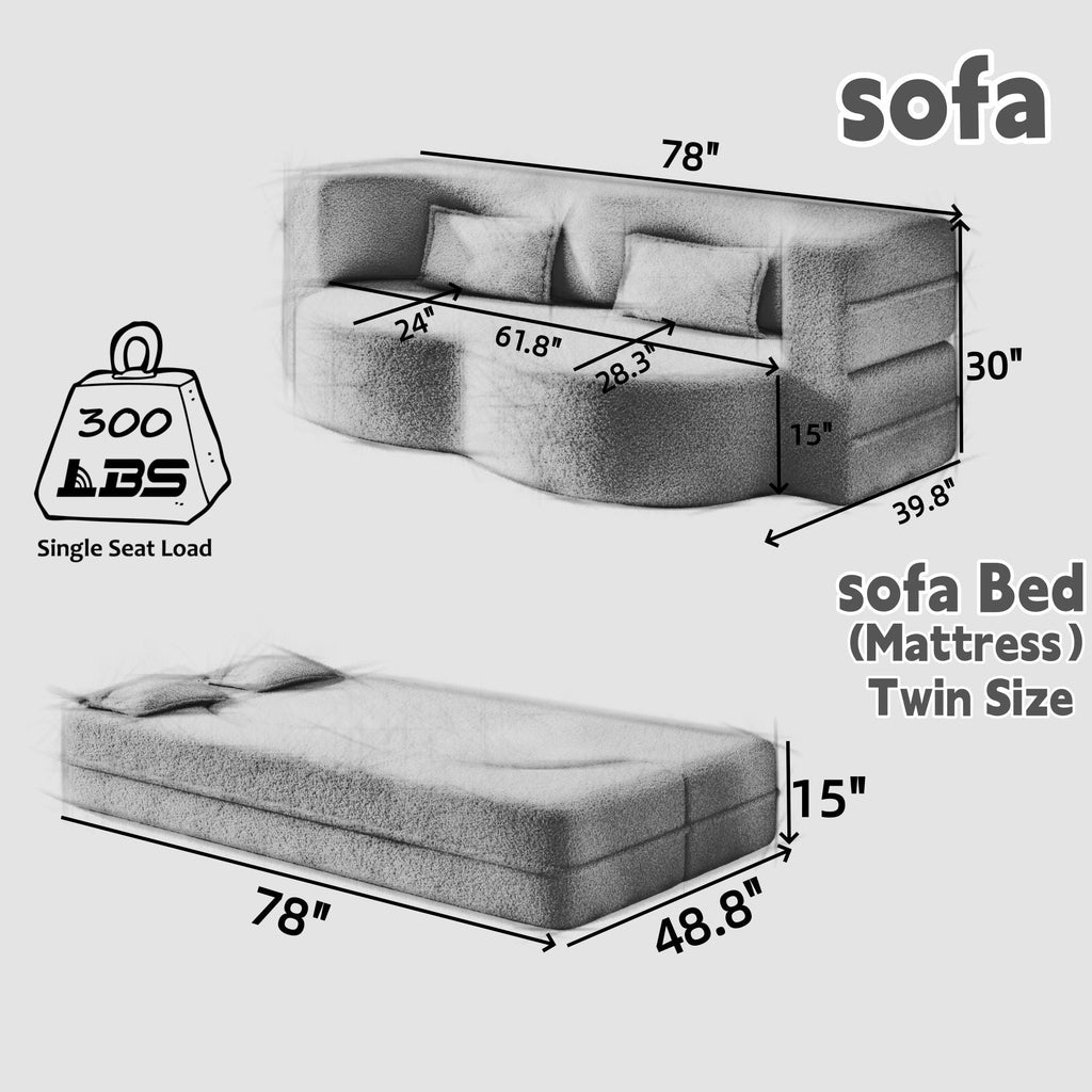 Convertible Floor Sofa with 2 Pillows - Twin Size Corduroy - White or Gray