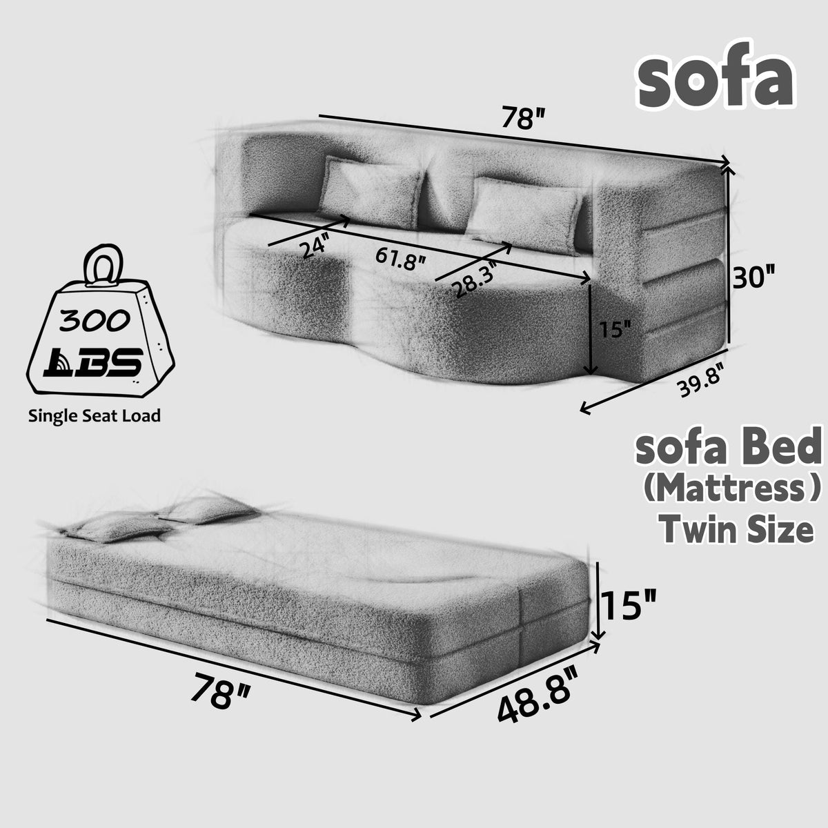 Convertible Floor Sofa with 2 Pillows - Twin Size Corduroy - White or Gray