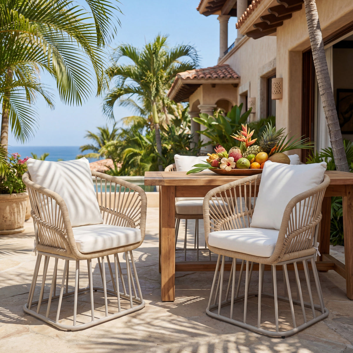 Teak Finish Wicker Outdoor Dining Chair with Steel Frame - Beige