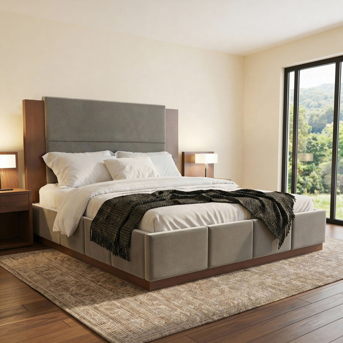 Modern Upholstered Platform Bed with Extended Headboard - Queen or King