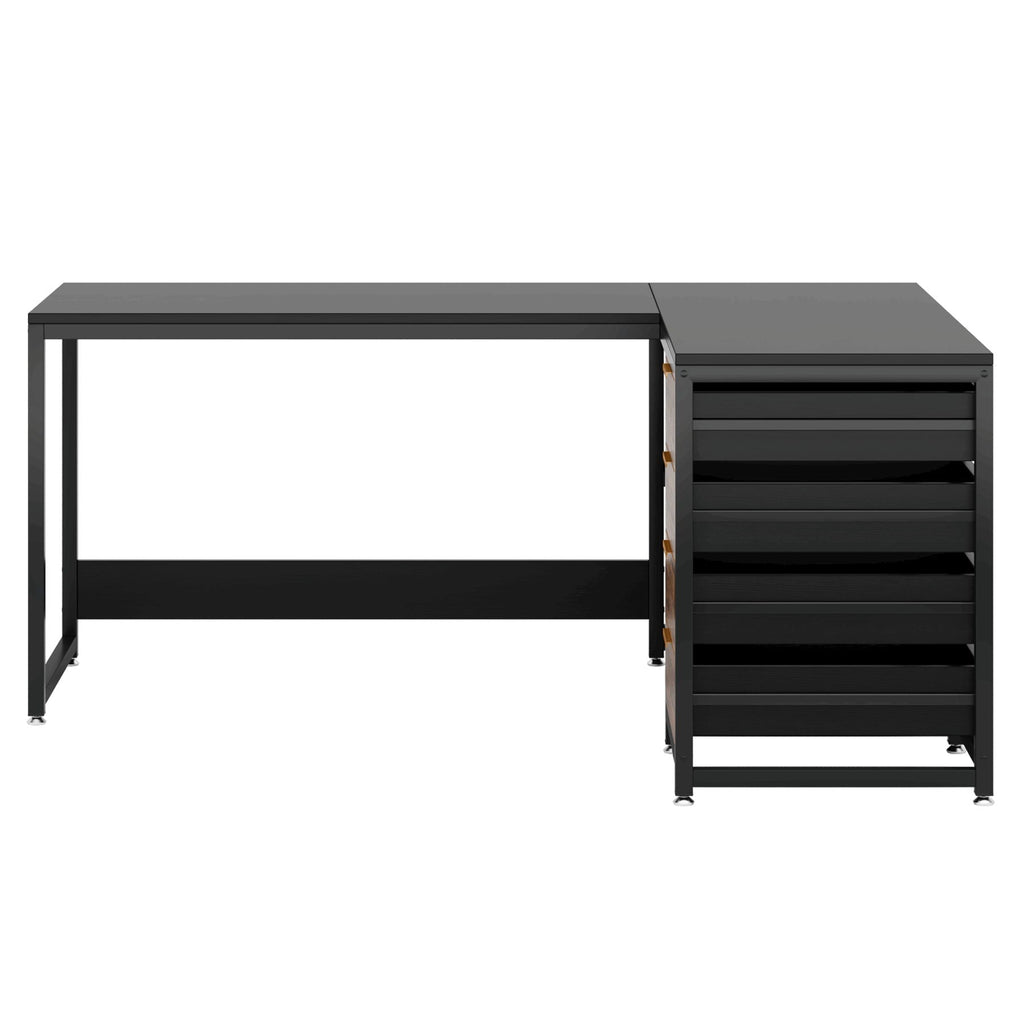 L-Shaped Computer Desk with Drawers and Shelves - Black or Dark Brown