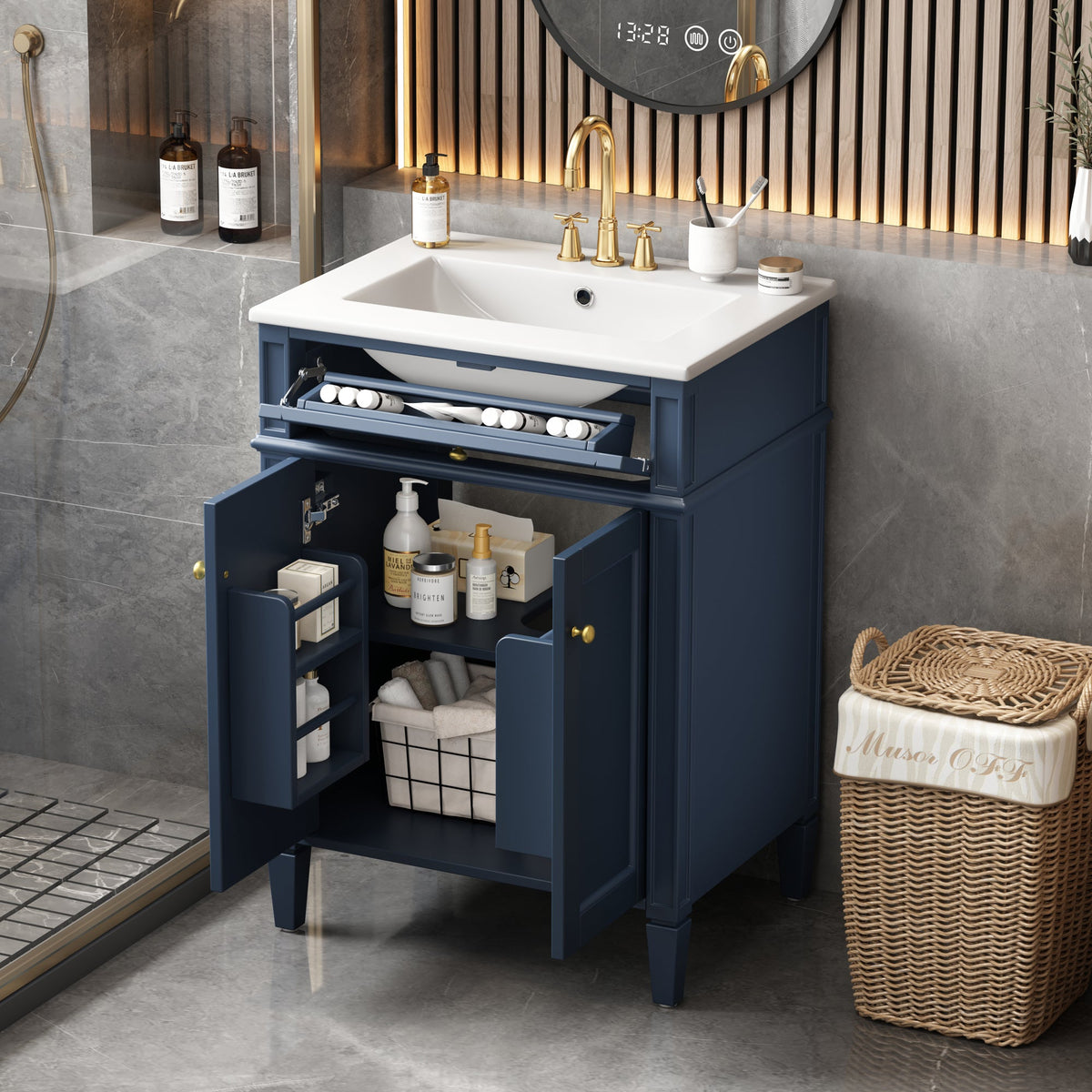 24" Bathroom Vanity with Ceramic Basin and Storage - Blue