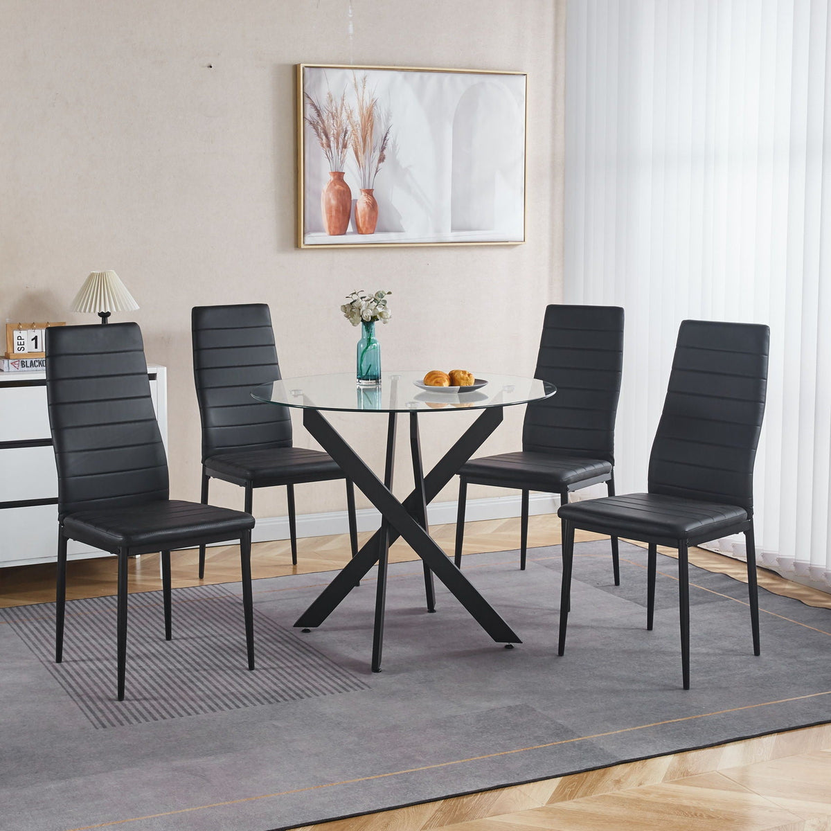 Dining Table With Cross Metal Leg And Tempered Glass