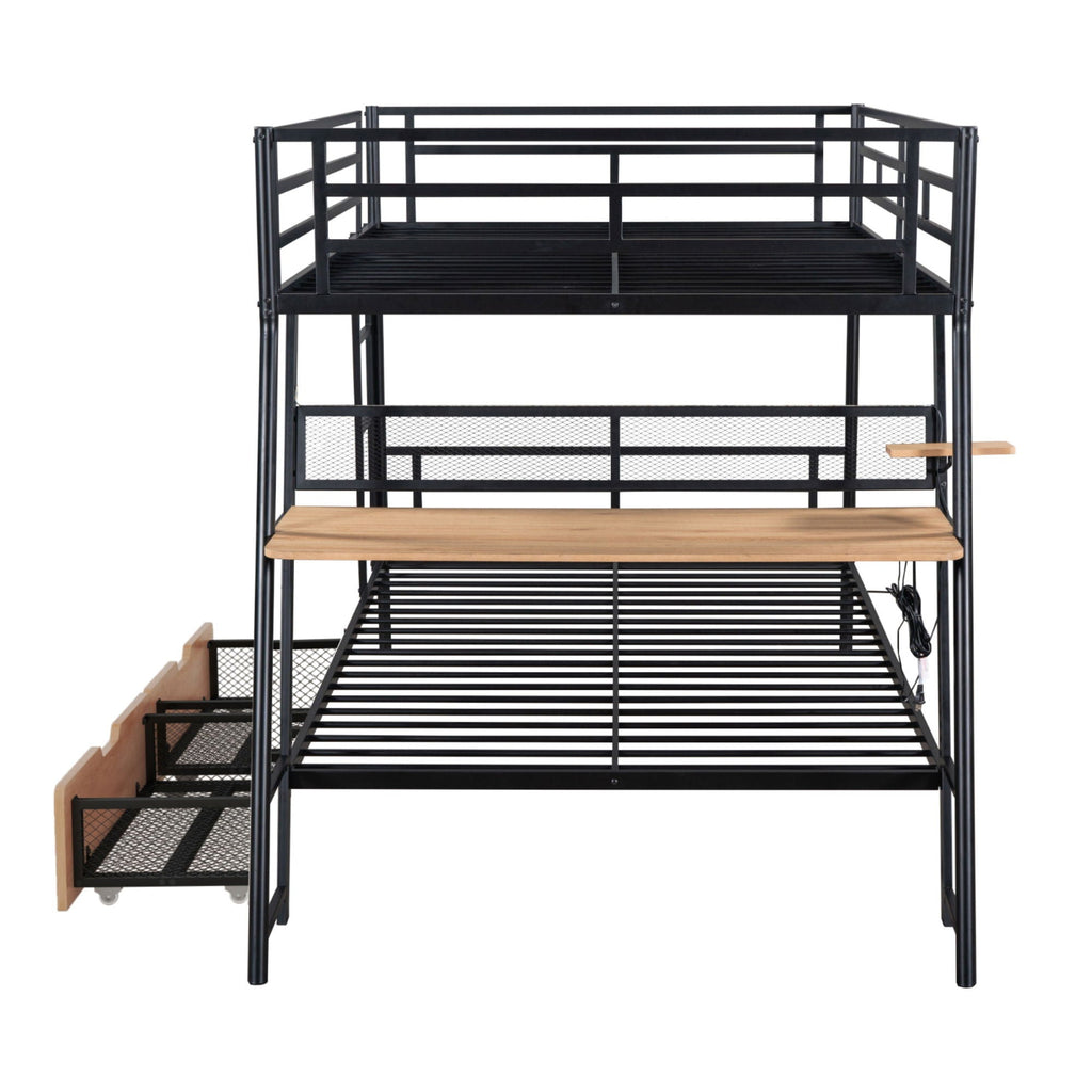 Full Size Bunk Bed with Built-In Desk, Light & 2 Drawers - Black