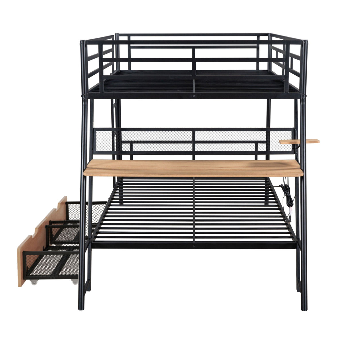 Full Size Bunk Bed with Built-In Desk, Light & 2 Drawers - Black