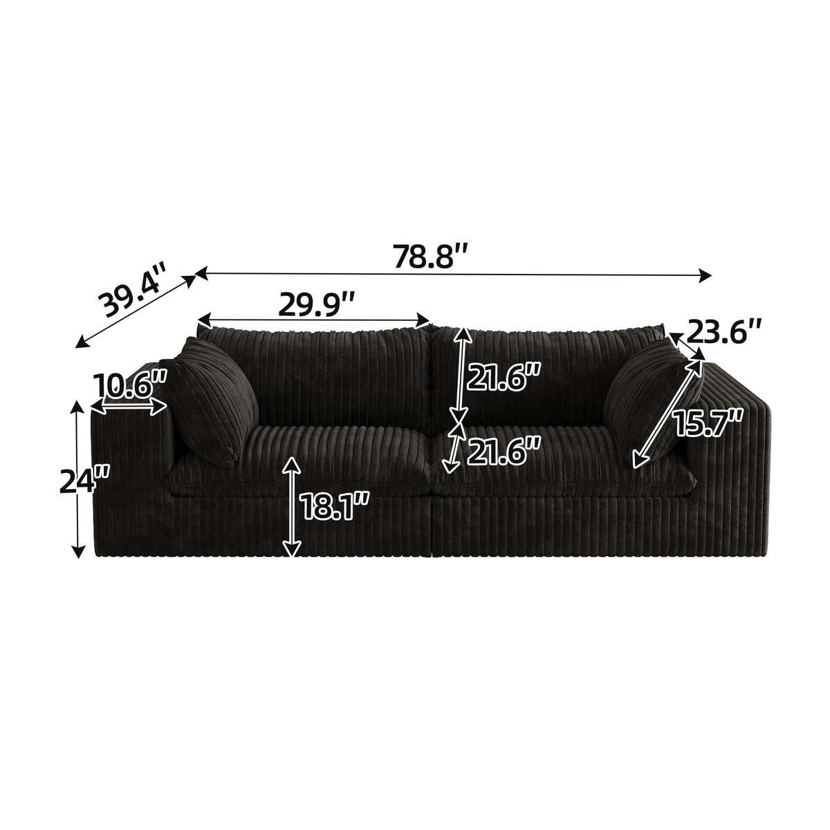 Modular Black Sofa with Feather-Filled Cushions - Black