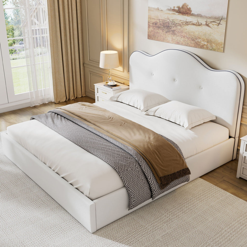 Upholstered Platform Bed with Sturdy Frame and Headboard - White