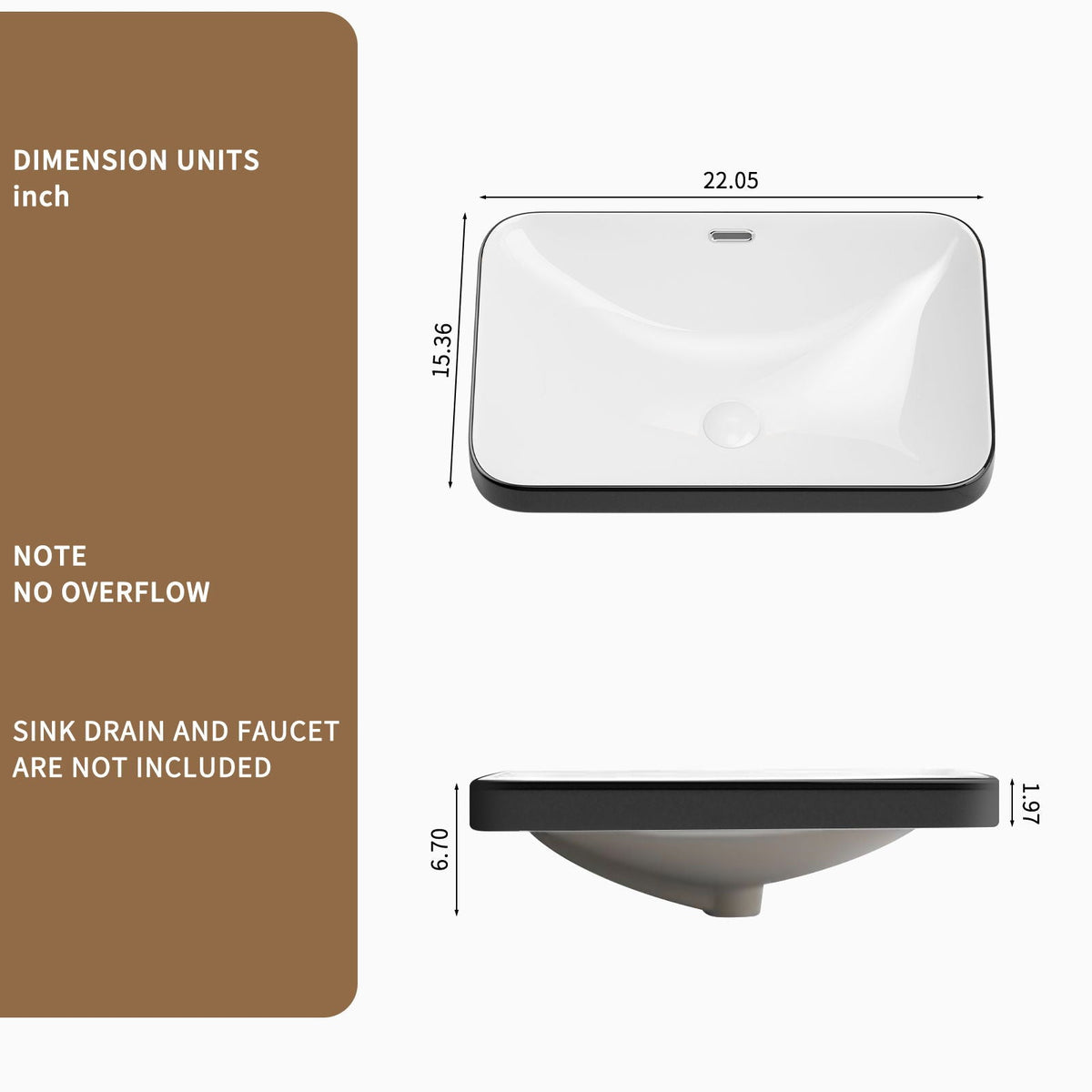 Undermount Bathroom Sink with Glazed Porcelain Finish - Black White