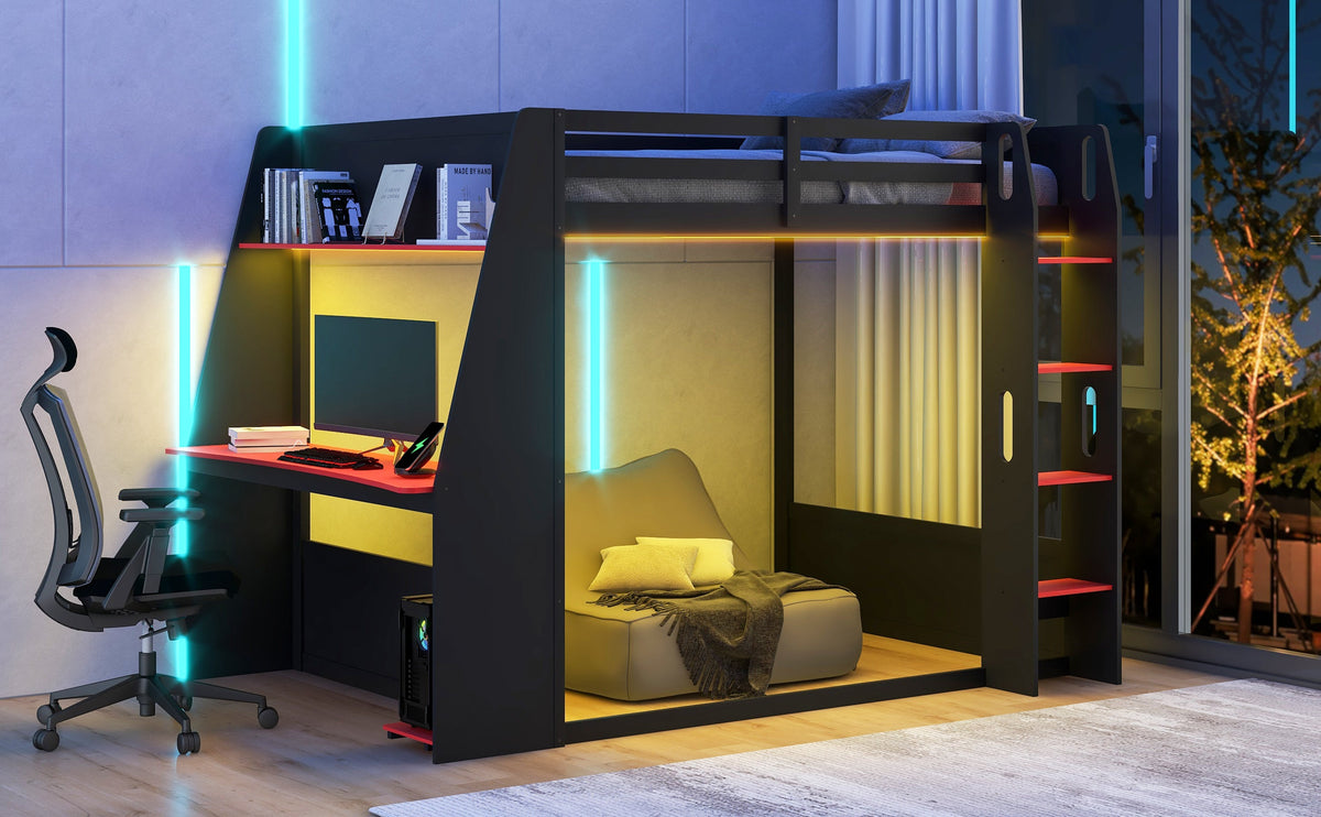 Full Size Wooden Gaming Bunk Bed with Desk and LED Light - Black/Red