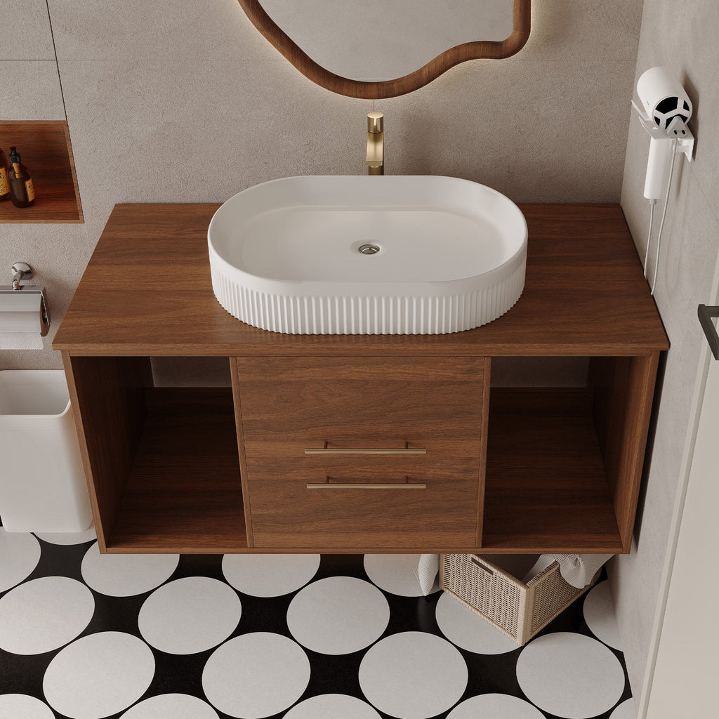 Wall-Mounted Bathroom Vanity with Ceramic Sink - Solid Wood, Floating Design