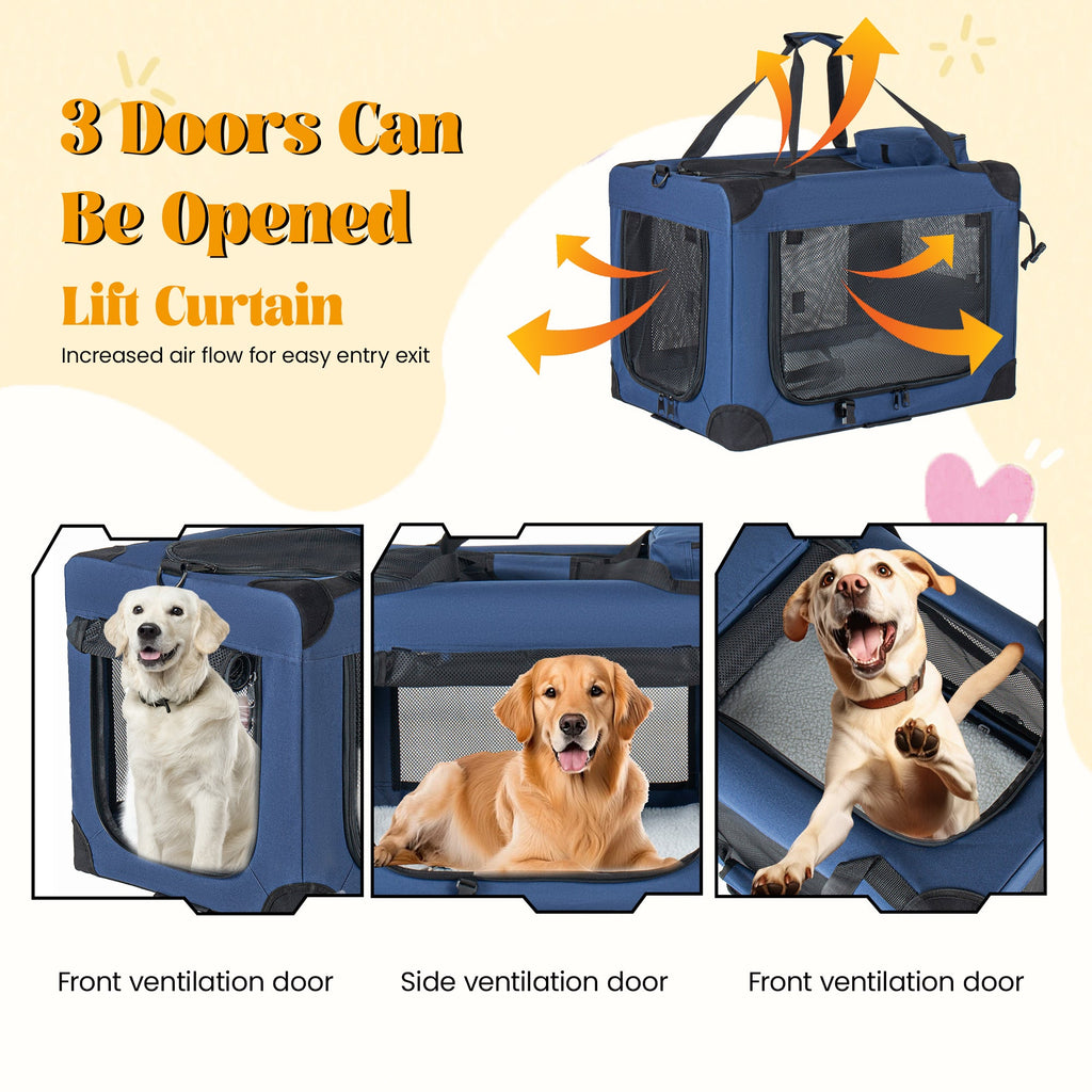 40" Soft Dog Crate with Fleece Mat - 3 Mesh Doors - Dark Blue