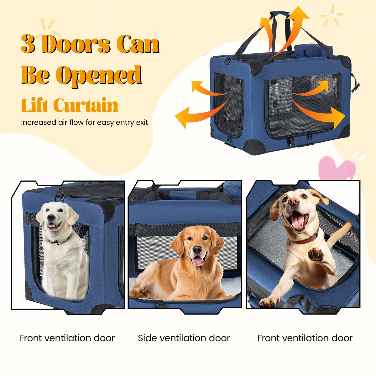 40" Soft Dog Crate with Fleece Mat - 3 Mesh Doors - Dark Blue