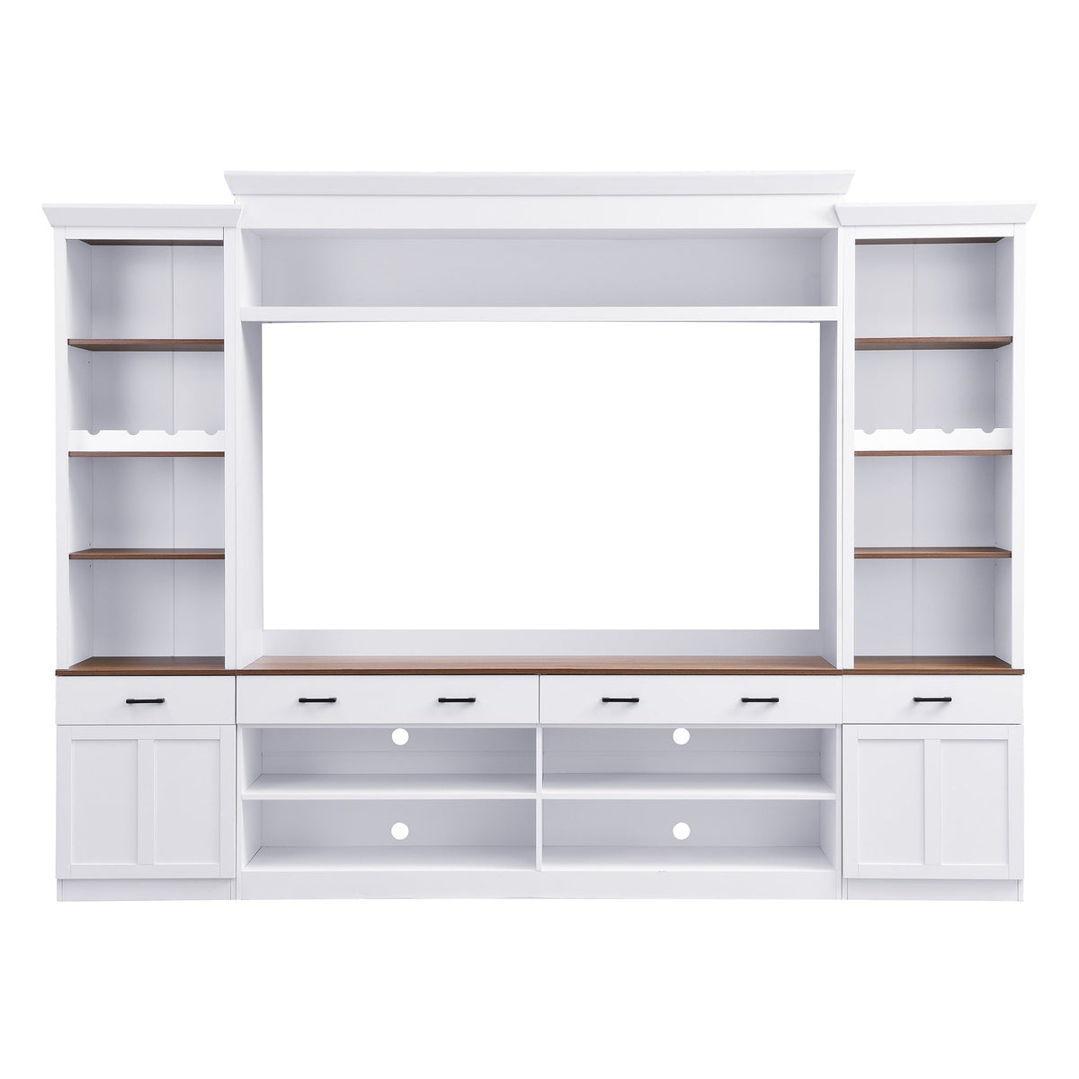Farmhouse 4-Piece Entertainment Center with Bookshelf for TVs Up to 70" - Walnut MDF