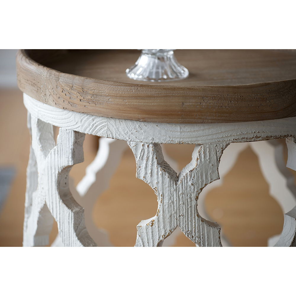 Rustic Round Wooden Side Table with Lattice Detail - Light Brown