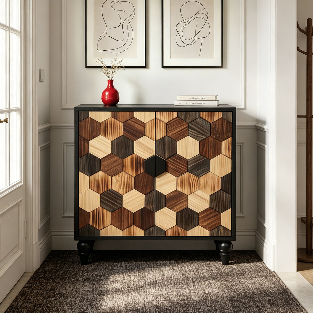 Modern Accent Cabinet with Honeycomb Pattern Doors - Antique Black or Brown