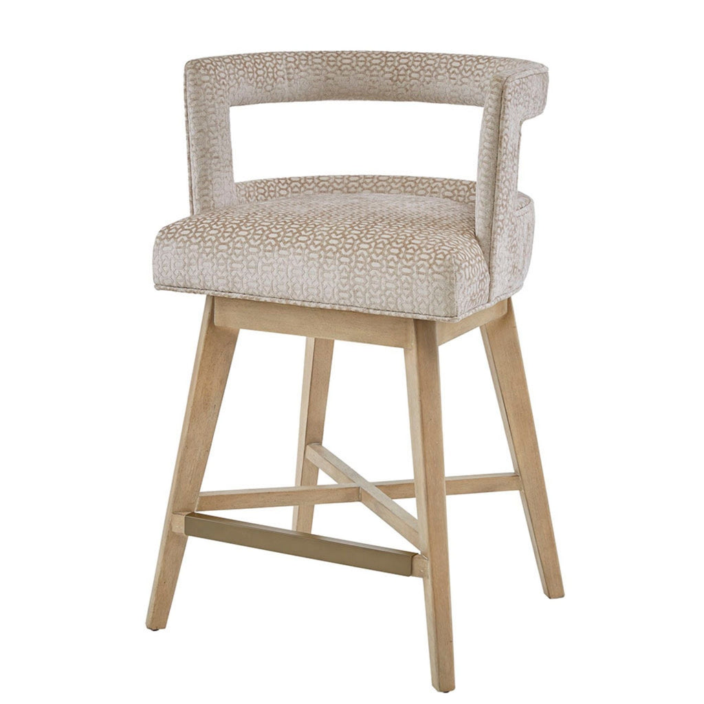 Design Swivel Counter Stool With Low Back Support Polyester And Solid Wood - Cream