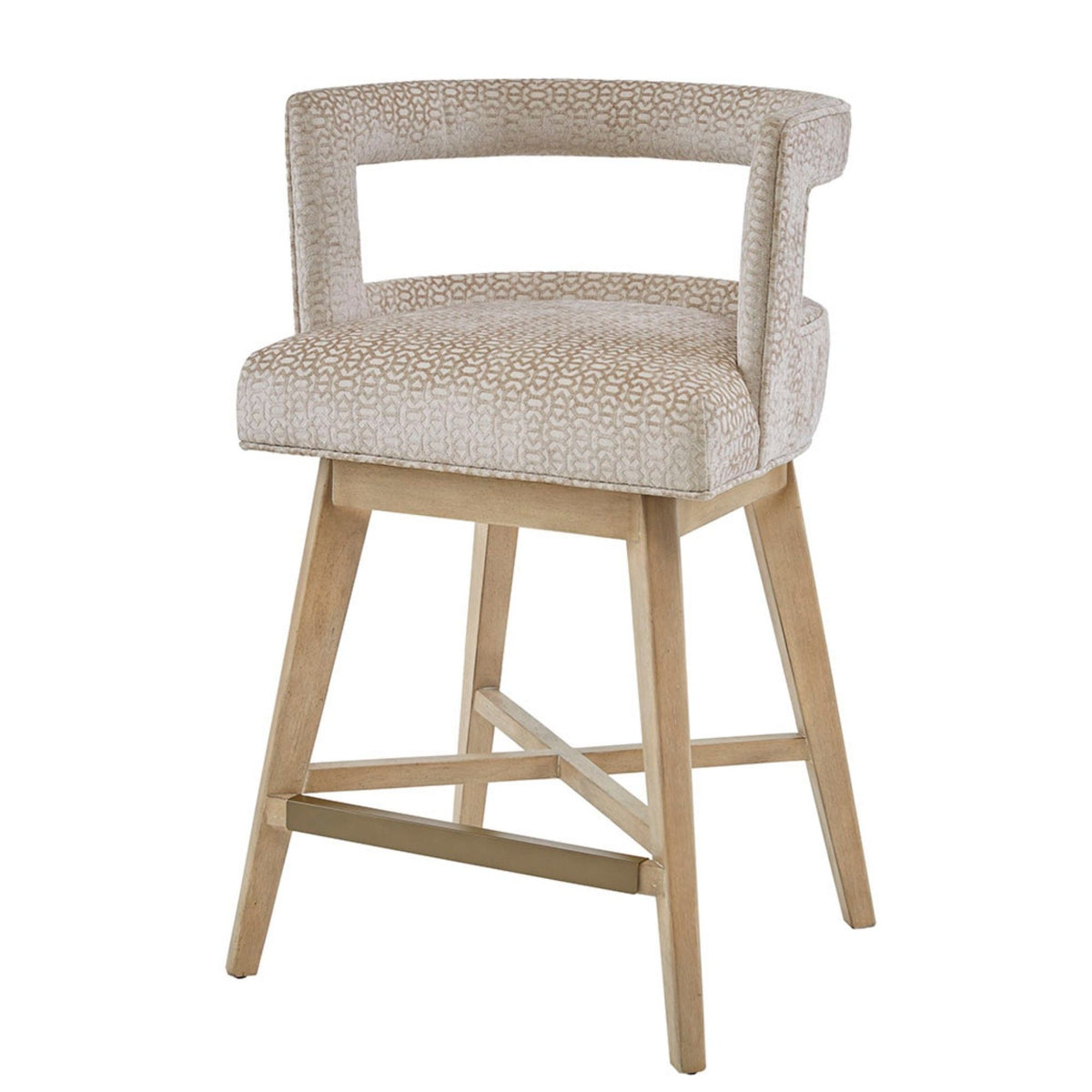 Design Swivel Counter Stool With Low Back Support Polyester And Solid Wood - Cream