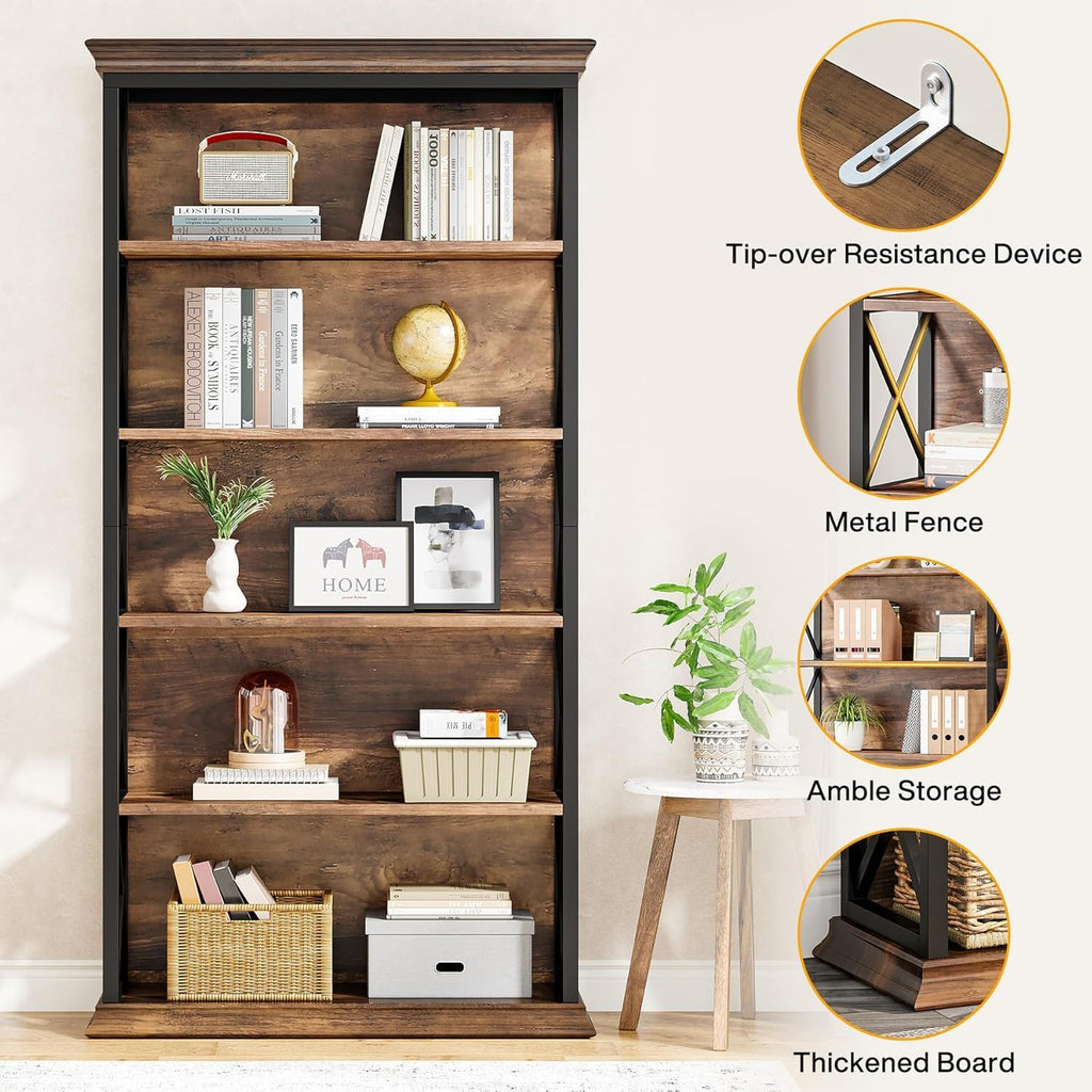 6 Tier Industrial Bookcase with X Pattern Design - Rustic Brown