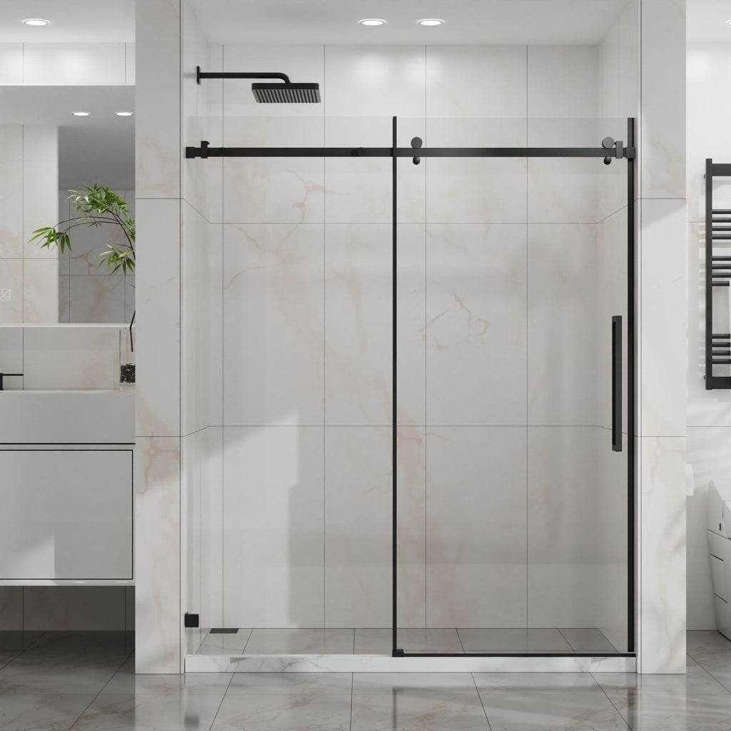 Frameless Tub Sliding Shower Door with Easy Clean Coating - Black or Pearl Silver