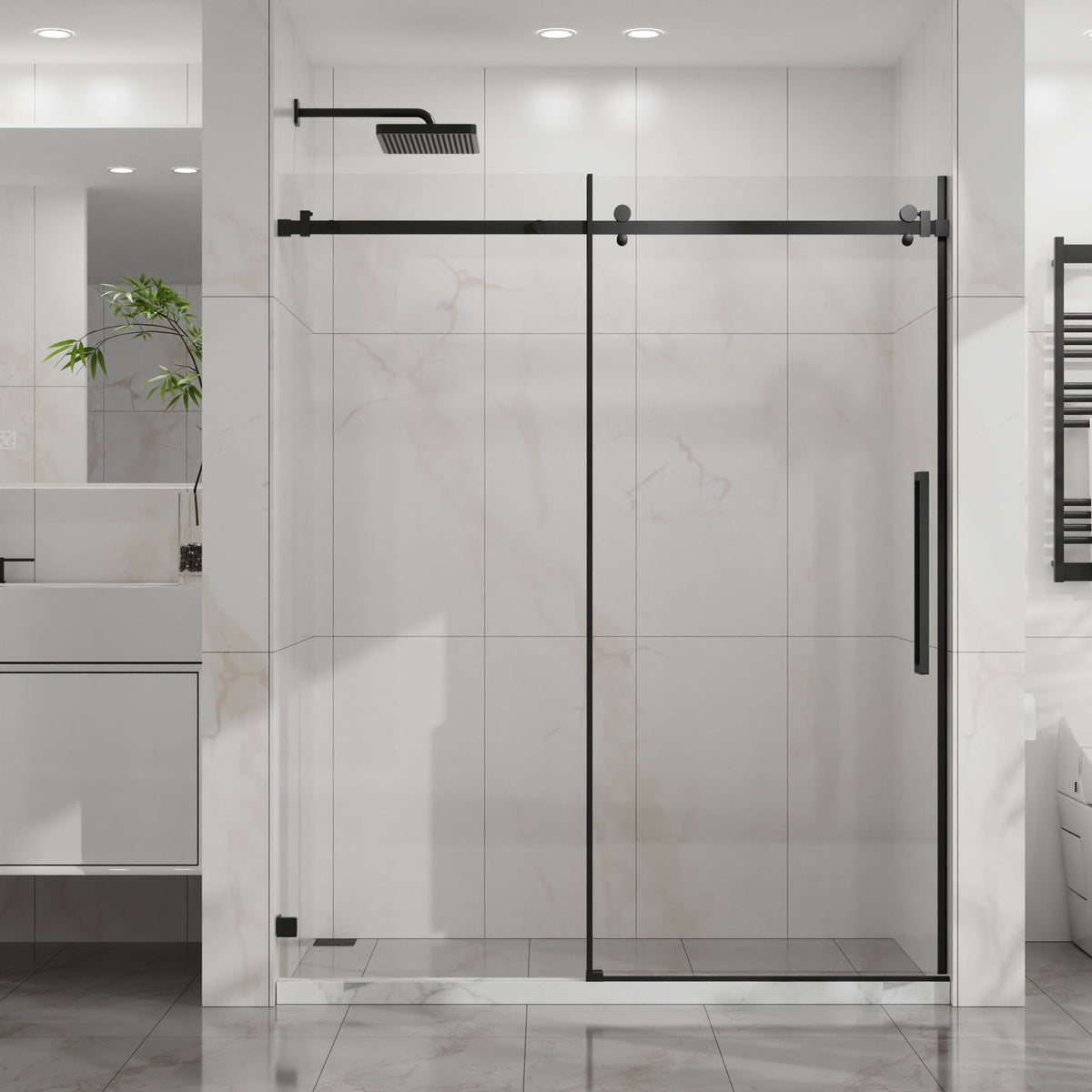 Frameless Tub Sliding Shower Door with Easy Clean Coating - Black or Pearl Silver