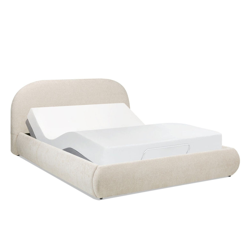 Archie Puffy Grounded Upholstered Platform Bed with Rounded Headboard - Green, White, Beige