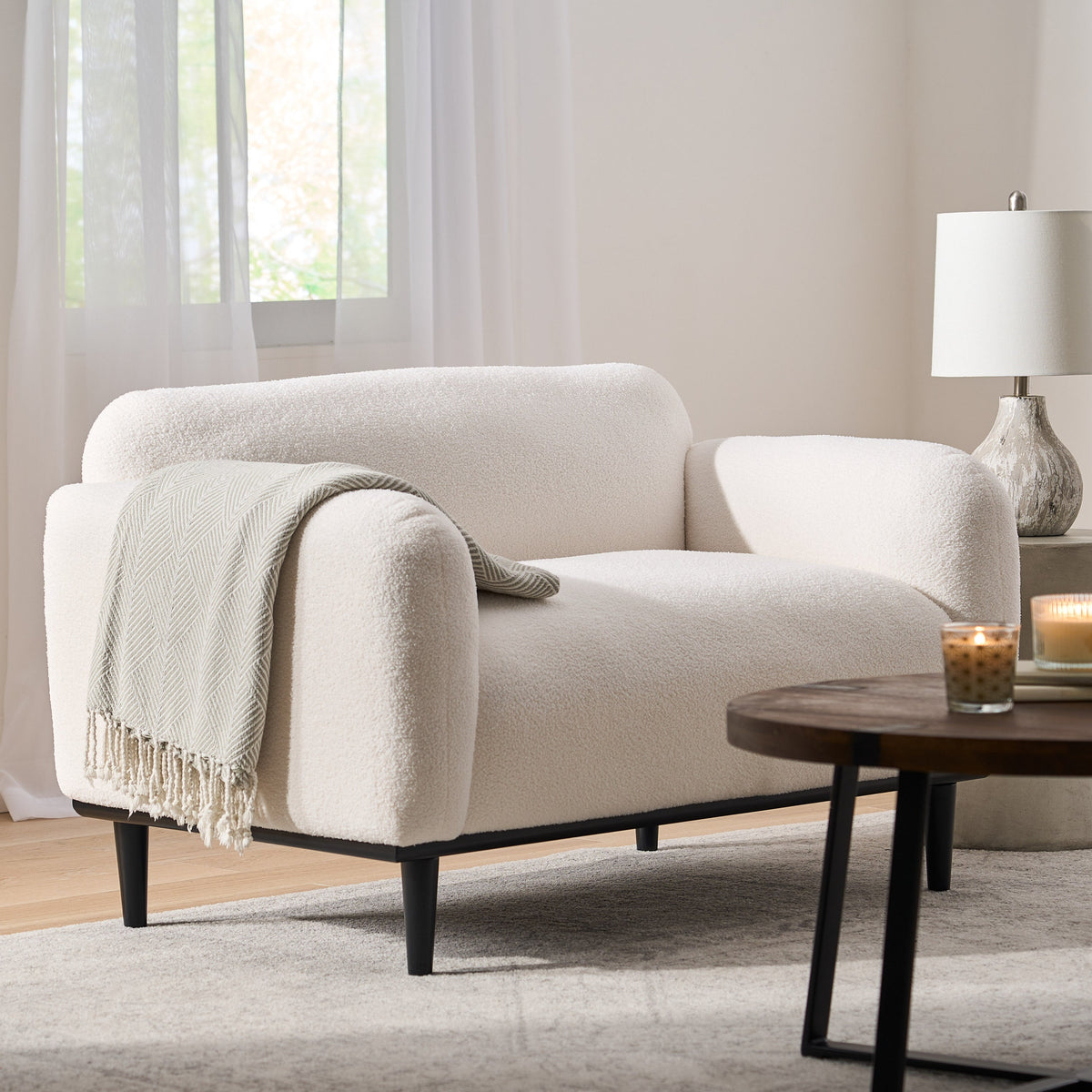 Bouclé Fabric Loveseat Sofa with Birch Wood Legs - 50 Inch