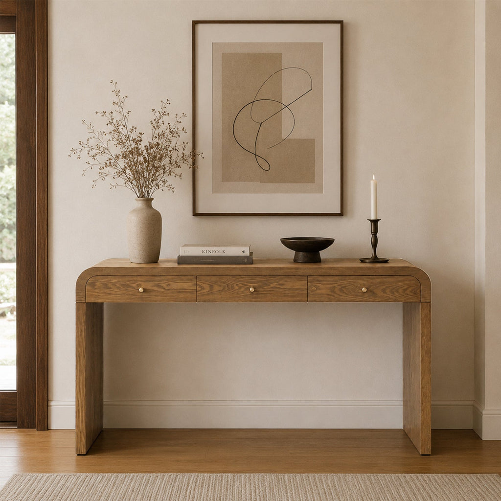 Walnut Curved Design 3-Drawer Long Console Table with Ample Storage - Walnut