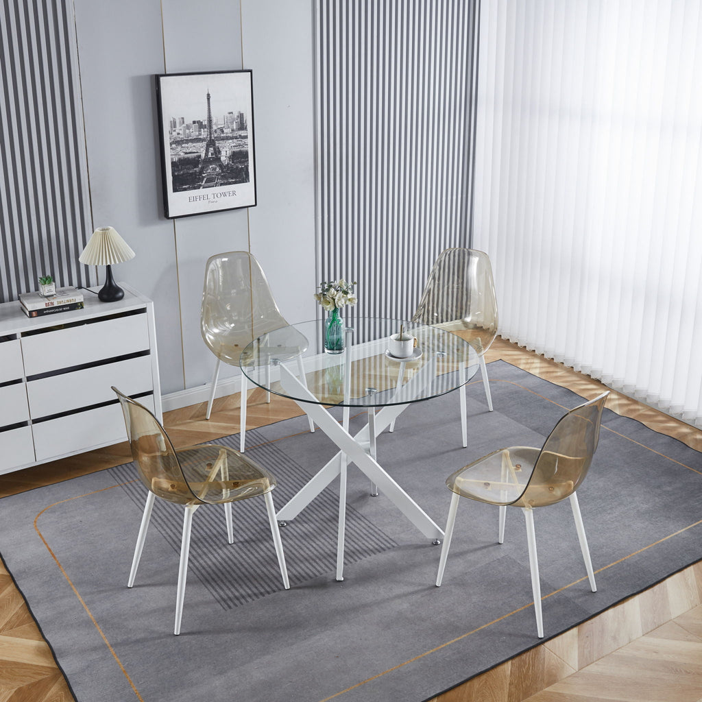 Dining Table With Cross Metal Leg And Tempered Glass