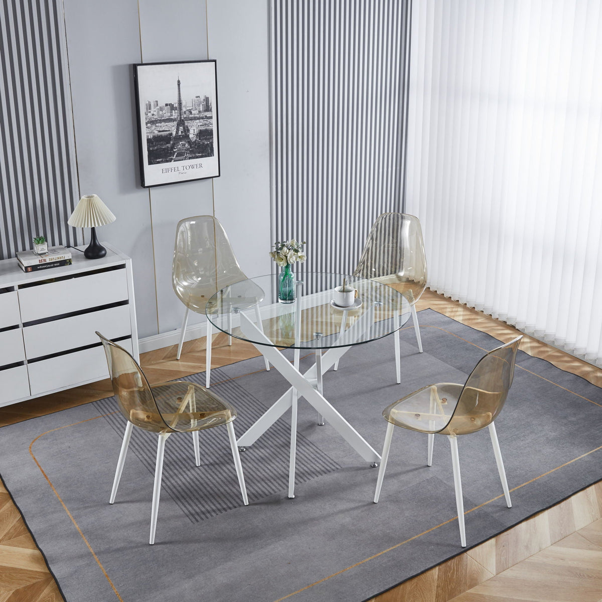 Dining Table With Cross Metal Leg And Tempered Glass