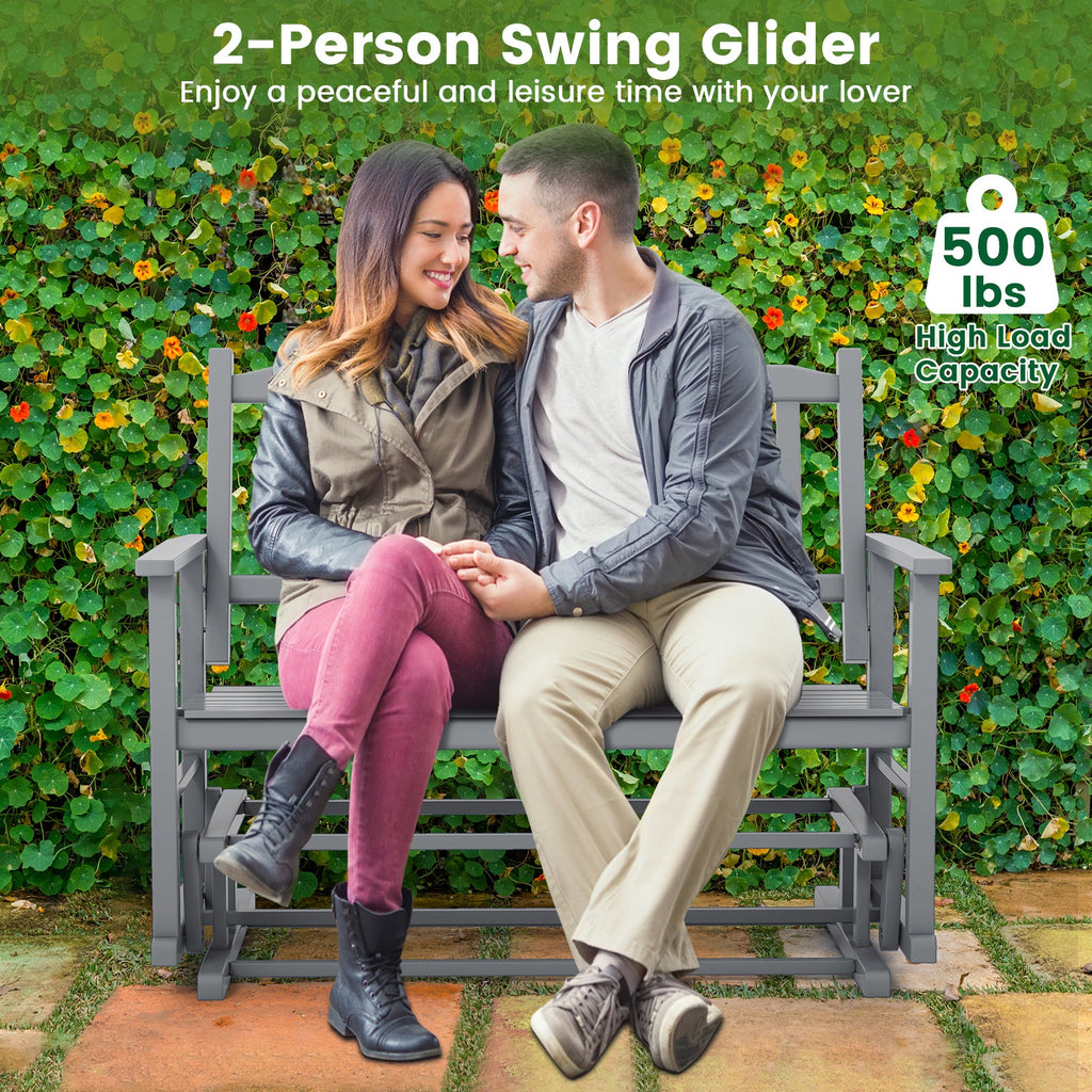 2 Seats Outdoor Glider Bench with Armrests and Slatted Seat