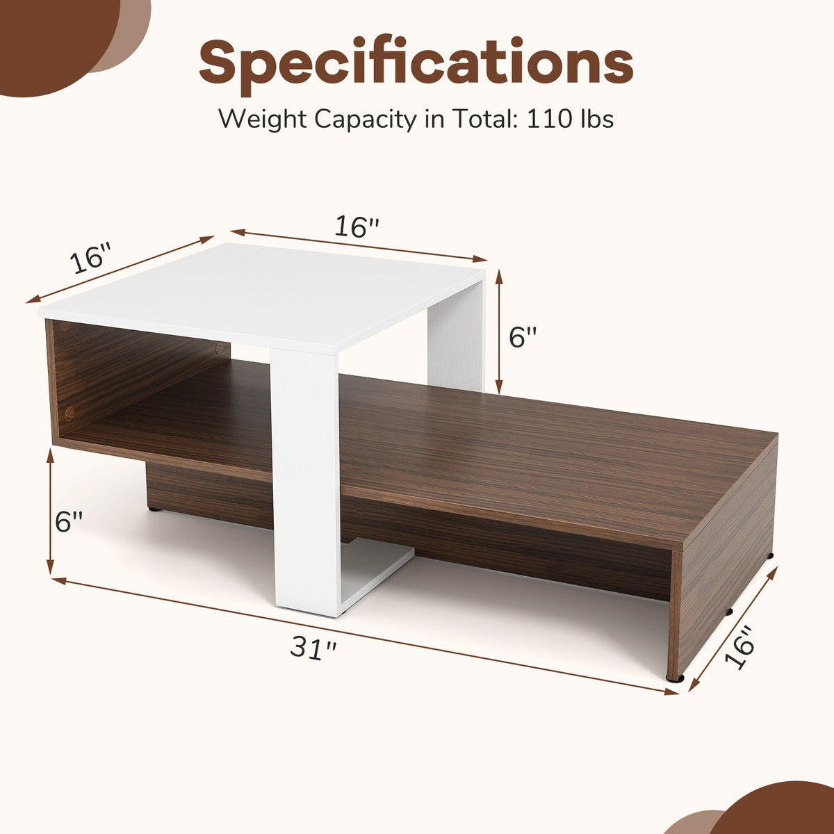 2-Tier Geometric Coffee Table with Storage Shelves for Living Room and Reception Room-White and Brown
