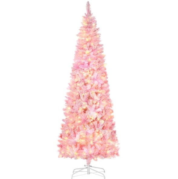 Snow Flocked Pencil Shape Artificial Christmas Tree with Warm LED Lights - White