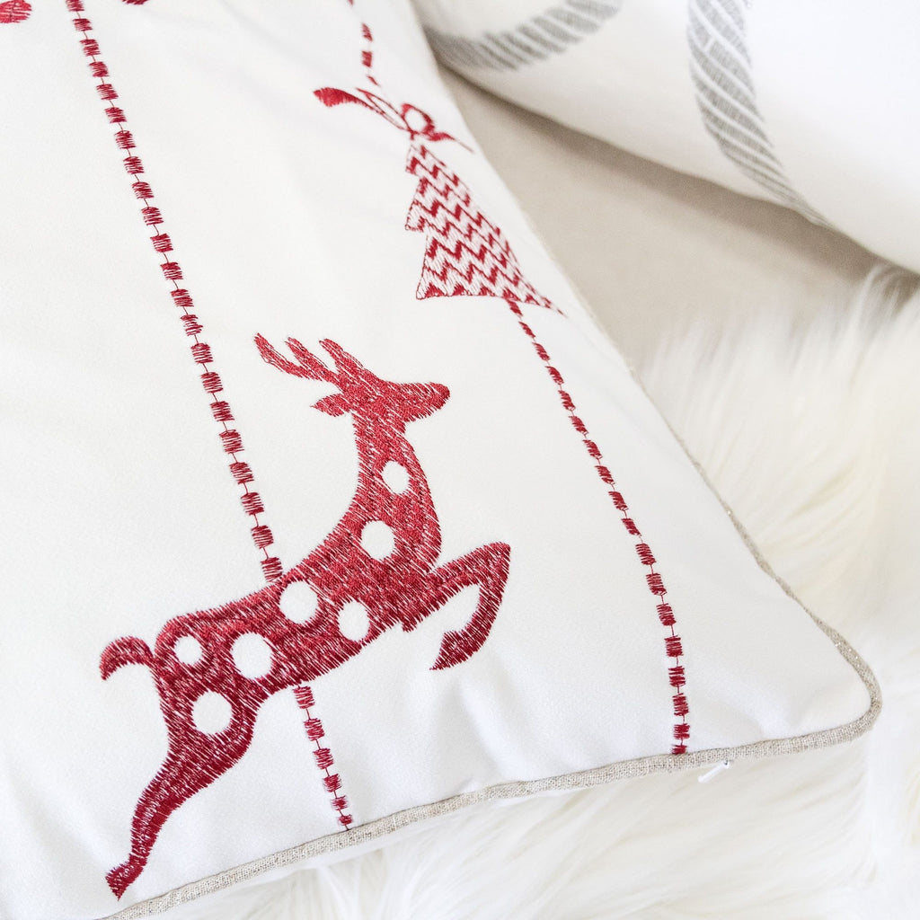 Christmas Throw Pillow with Embroidered Reindeer and Snowflakes - White