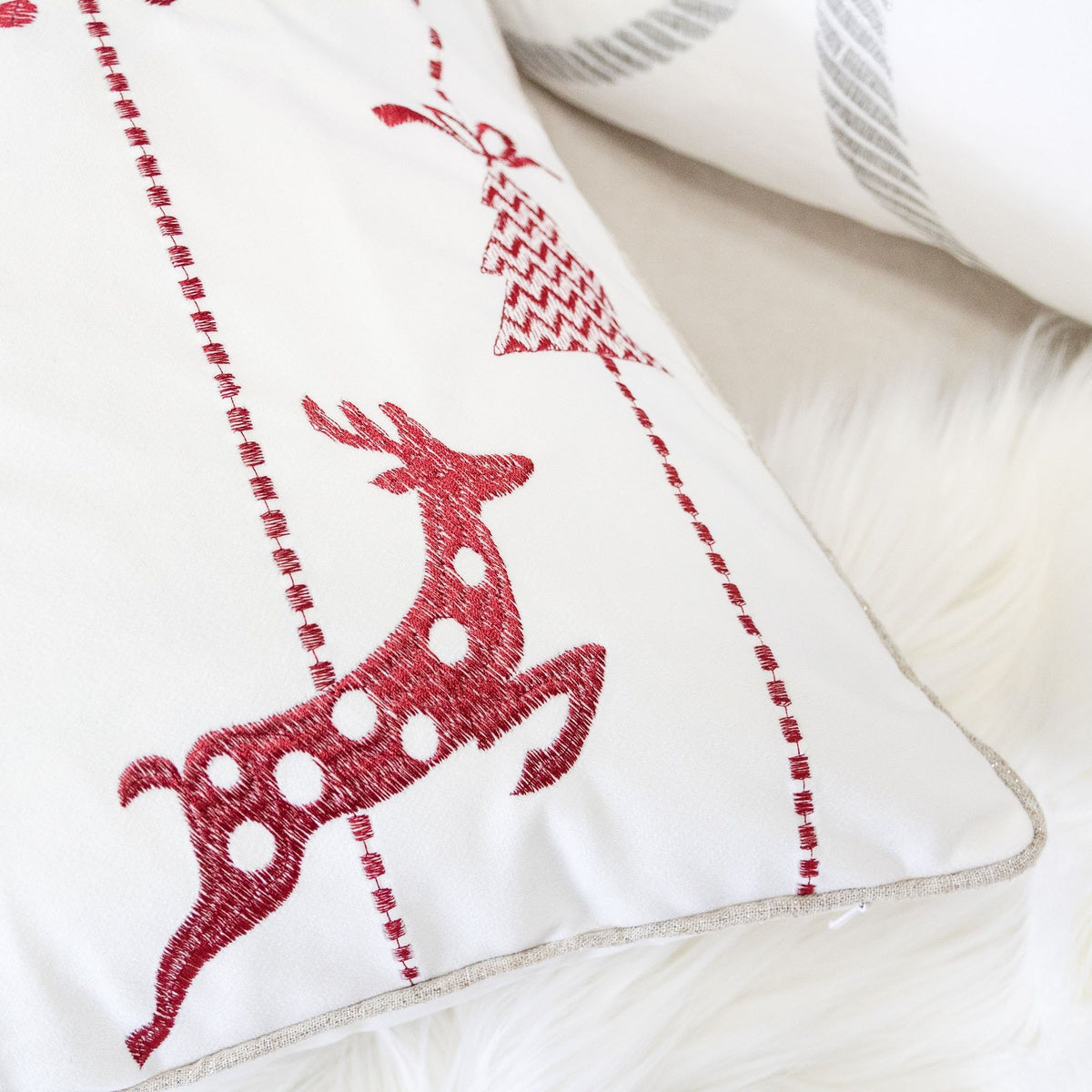 Christmas Throw Pillow with Embroidered Reindeer and Snowflakes - White
