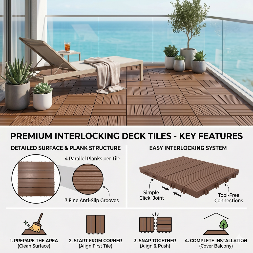 Plastic Interlocking Deck Tiles with Waterproof & Non-Slip Surface - 44 Pack