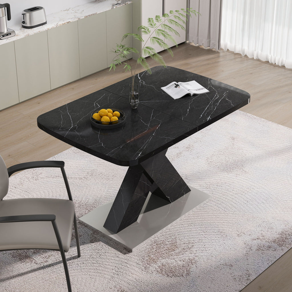 Modern Rectangle Dining Table with Stretchable Top and X Shape Legs - White or Black