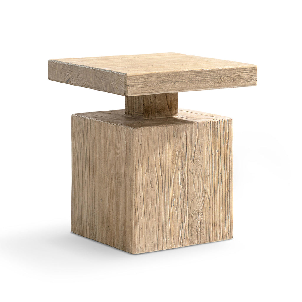 Solid Block Plinth End Table with Reclaimed Elm - Heritage Light Natural Brown