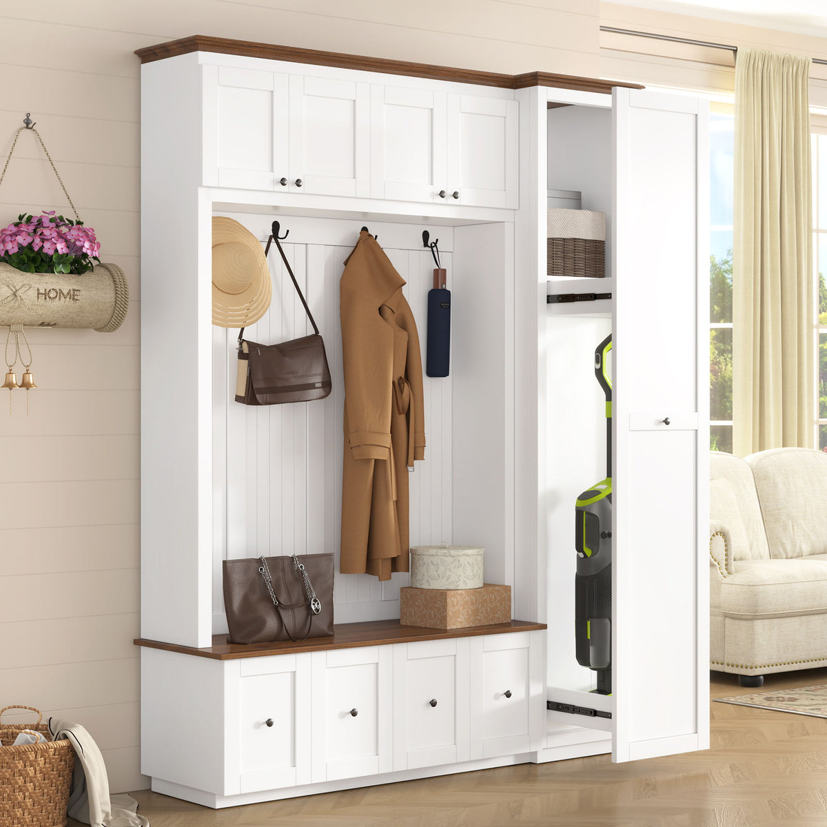Entryway Hall Tree with Storage Bench and Cabinets – Black or White