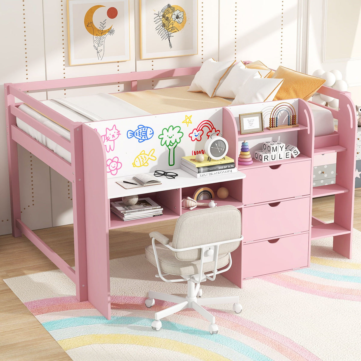 Low Loft Bed With Built In Desk, Storage Cabinets, Open Bookcase And Doodle Board